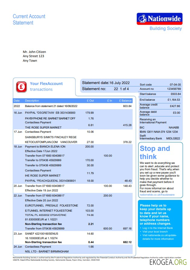 Relevé bancaire national du Royaume Uni, modèle Word et PDF, 5 pages, version 2